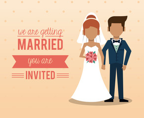 colorful card of invited of we are getting married with faceless couple of just married