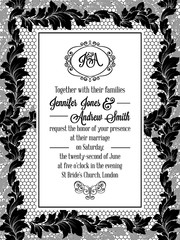 Damask pattern design for wedding invitation in black and white lace. Pattern is included as seamless swatch for easier use and edit.