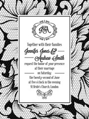 Damask pattern design for wedding invitation in black and white lace. Pattern is included as seamless swatch for easier use and edit.