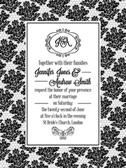 Damask pattern design for wedding invitation in black and white lace. Pattern is included as seamless swatch for easier use and edit.
