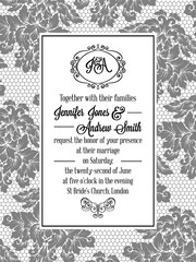 Damask pattern design for wedding invitation in black and white lace. Pattern is included as seamless swatch for easier use and edit.