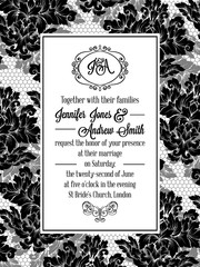 Damask pattern design for wedding invitation in black and white lace. Pattern is included as seamless swatch for easier use and edit.