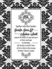 Damask pattern design for wedding invitation in black and white lace. Pattern is included as seamless swatch for easier use and edit.