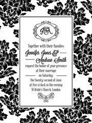 Damask pattern design for wedding invitation in black and white. Pattern is included as seamless swatch for easier use and edit.