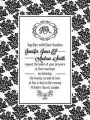 Damask pattern design for wedding invitation in black and white. Pattern is included as seamless swatch for easier use and edit.