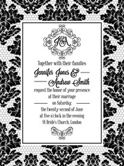 Damask pattern design for wedding invitation in black and white lace. Pattern is included as seamless swatch for easier use and edit.