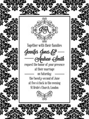 Damask pattern design for wedding invitation in black and white. Pattern is included as seamless swatch for easier use and edit.
