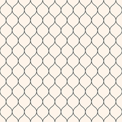 Vector seamless pattern, thin wavy lines. Texture of mesh, fishnet, lace, weaving, smooth grid, subtle lattice. Simple monochrome geometric background. Design for prints, decor, fabric, furniture, web