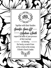 Damask pattern design for wedding invitation in black and white. Pattern is included as seamless swatch for easier use and edit.