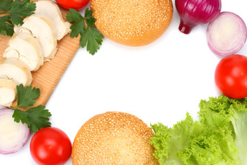 Hamburger Building Kit. round sandwich bun with, tomato, red onion, green lettuce, grilled chicken fillet isolated on white background. Top view with copy space.