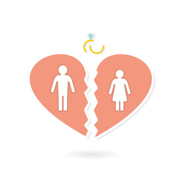 Silhouettes of a man and a woman in a broken heart and a broken ring - the concept of a divorce