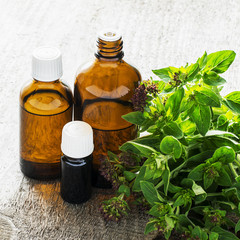 Essential oregano oil for aromatherapy in a dark glass containers on wooden background with fresh oregano. Selective focus.