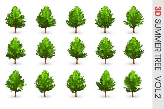 3D Summer set Tree collection object isolated on white volume 2