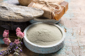 Nature cosmetics, handmade preparation with essential oils and ancient minerals of creams, soaps, skincare masks, scrubs from fresh and dried lavender and roses flowers, green clay powder
