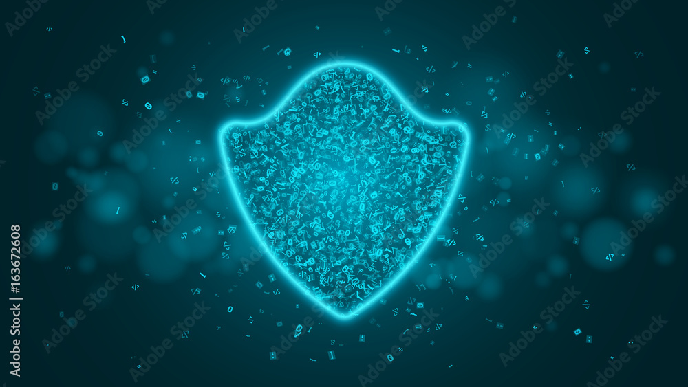 Poster a glowing blue shield of programming symbols. system security. high-tech neon shield. strong protect