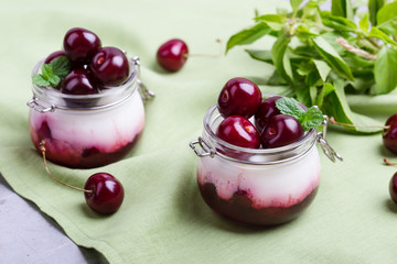 Traditional  Italian dessert panna cotta with fresh sweet cherry fruit