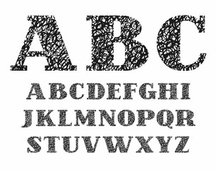English alphabet, texture, doodles, imitation, vector. A serif font. Uppercase black letters on a white background. 
