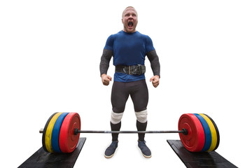 male weightlifter emotionally yelling at a sporting event on an isolated background