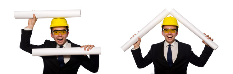 Funny architect with drawings on white