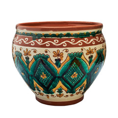 Colorful covered with glaze ceramic handmade pot. Isolated on a white background