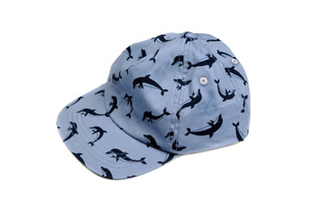 Blue baseball cap with a dolphin pattern. Isolate