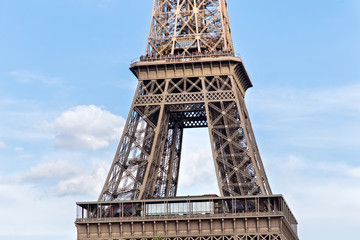View of the detail of the Eiffel Tower in Paris. France. The Eiffel Tower was constructed from 1887-1889 as the entrance to the 1889 World's Fair by engineer Gustave Eiffel.