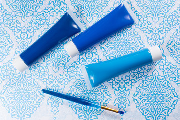 Blue, indigo, cobalt colours - home interieur design concept, on blue-white ornament