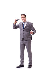 Young man with binoculars isolated on white