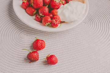 Bunch of bananas and strawberries. Photo toned style Instagram filters. Concept of healthy breakfast. Flatlay