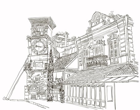 Tbilisi, Georgia, A Sketch Of A Curve Tower With A Clock And An Art Cafe Near Puppet Theater