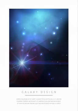 Vector space card design with bright blue nebula and white stars.