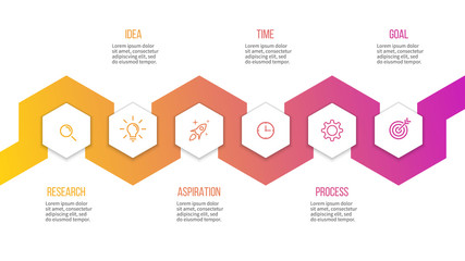 Business infographics. Presentation with 6 steps, hexagons. Vector template.