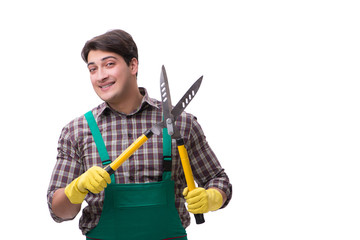 Young man gardener isolated on white