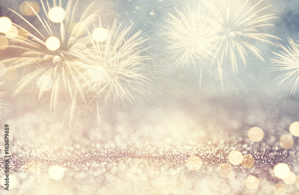Wall mural vintage fireworks and bokeh in new year eve and space for text. abstract background holiday.