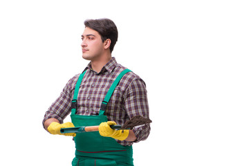 Young man gardener isolated on white