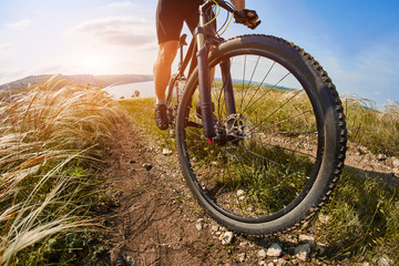 Naklejka premium Young cyclist riding mountain bicycle through green meadow against beautiful sky.