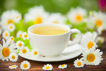 porcelainl cup with green tea on table