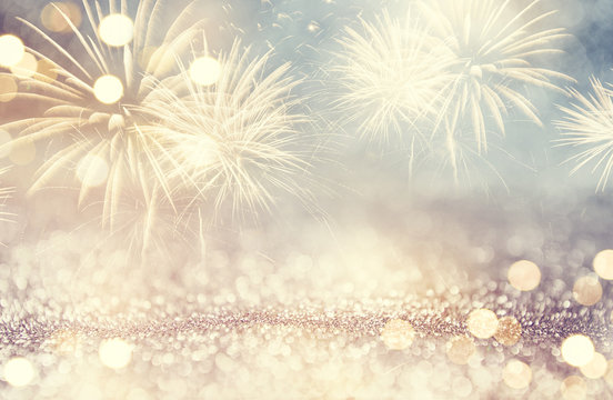 Vintage Fireworks and bokeh in New Year eve and space for text. Abstract background holiday.