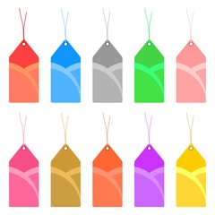 Set of colorful tags with holes and with tied twine on a white background 