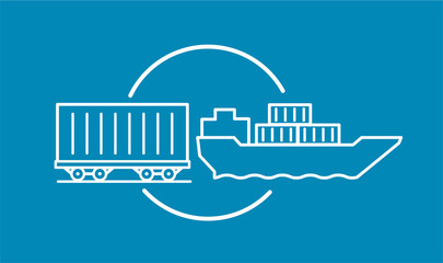 Container delivery by rail and water transport on barge icon. Shipping delivery transportation logistics.