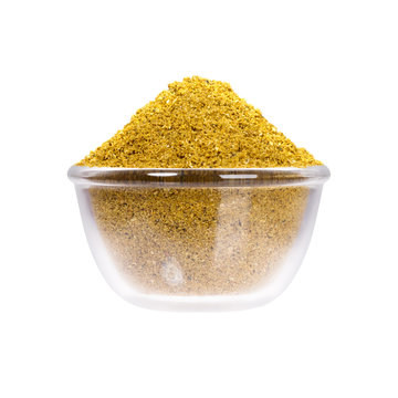 Seasonings hops-suneli in saucepan on white background.