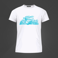 Original print for t-shirt. White t-shirt with fashionable design - Picturesque coral reef. Vector Illustration