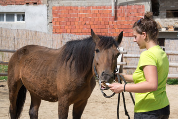 Young veterinarian girl  on a farm giving a medicine to a horse
