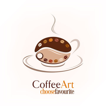 Hot roast coffee bean cup as an art palette vector isolated over light background. Coffee art illustration.