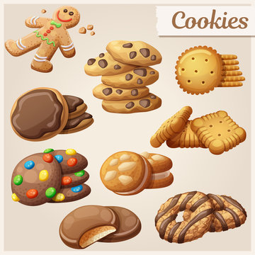 Set of delicious cookies. Cartoon vector illustration. Food sweet icons.