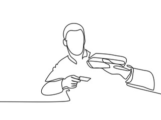 Man entering credit card in swipe machine. Continuous line drawing. Vector illustration