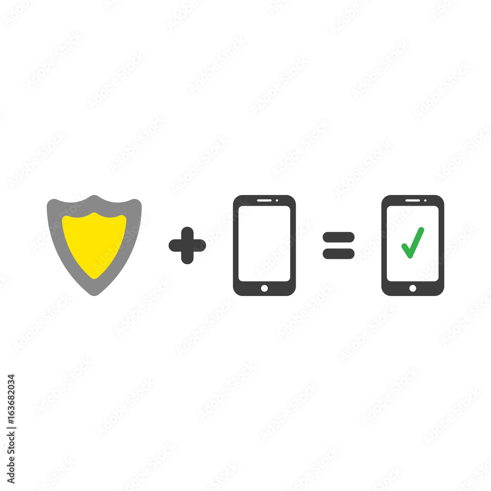 Poster vector shield guard plus smartphone equals smart phone with check mark on white with flat design sty