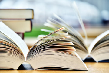 Books lying on the table in the public library