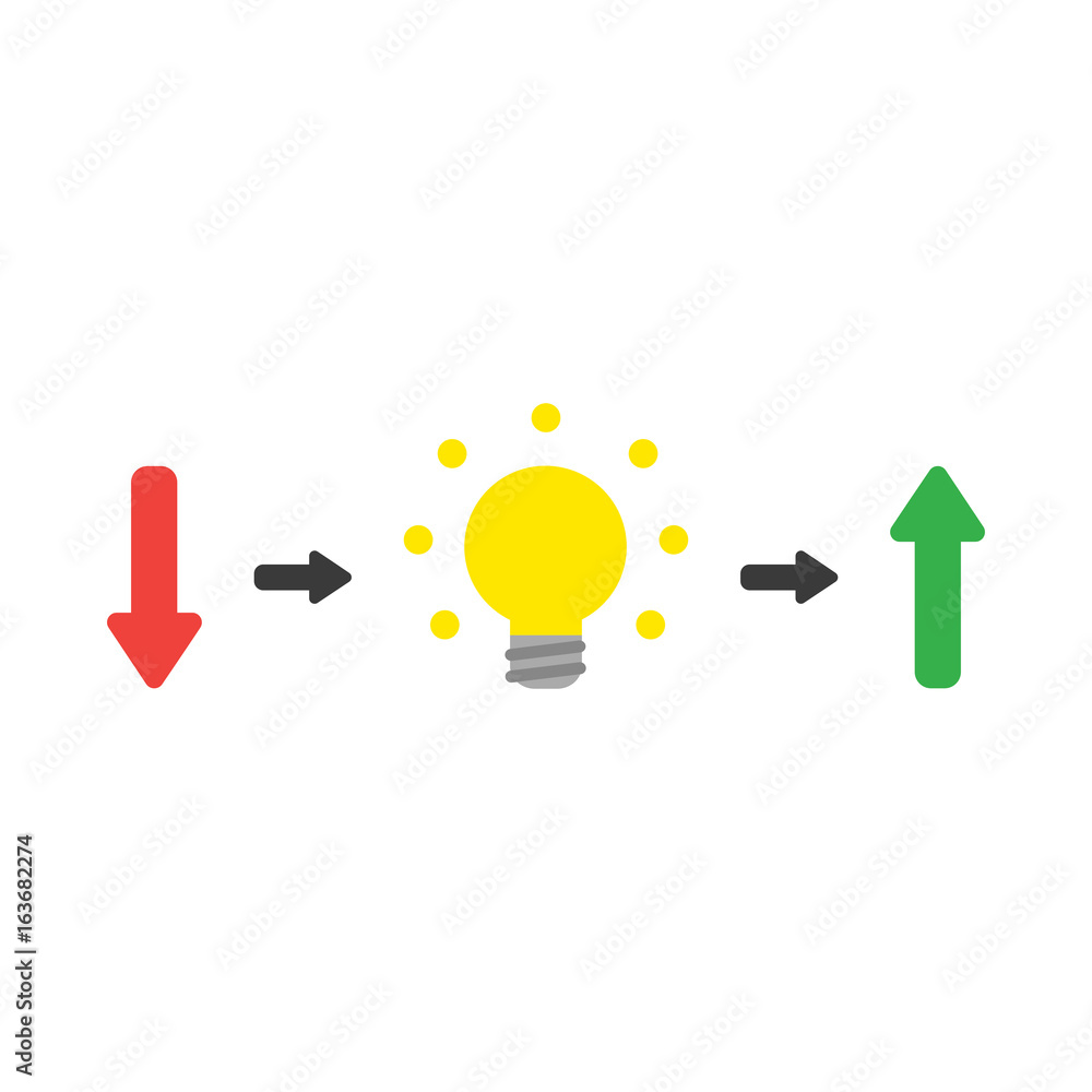Poster vector concept of arrow pointing down with light bulb symbolizing the idea and arrow pointing up on 