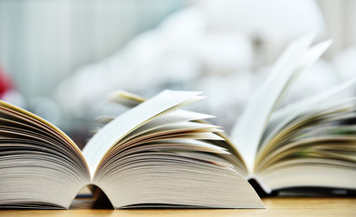 Books lying on the table in the public library